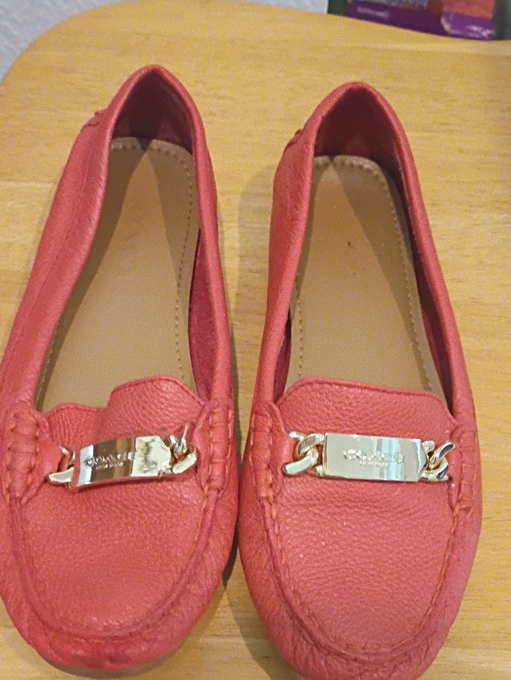 Coach Red Leather Moccasin Loafers with Gold Accent Size 6.5